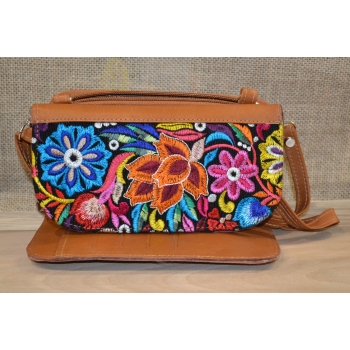 Portfel torebka skórzana brązowa z kwiatowym kolorowym haftem .